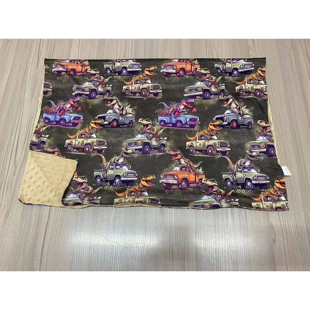 Dinosaurs in Trucks Kids Minky Blanket